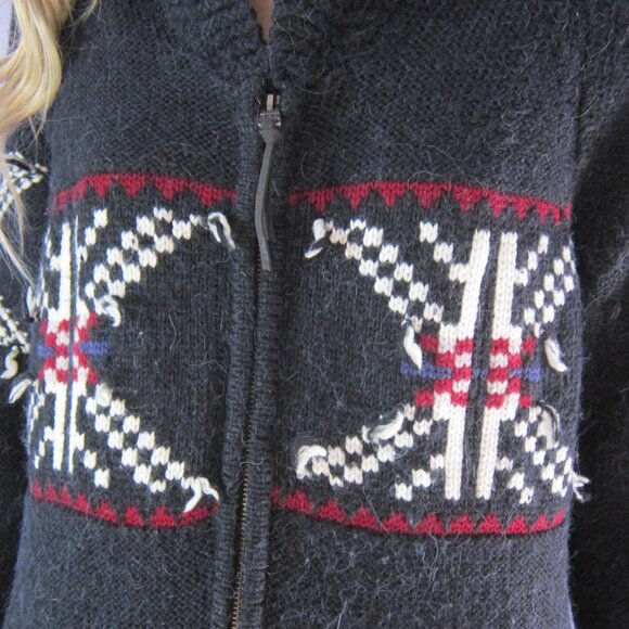 RARE TNA ARITZIA Black Wool Alpaca Shawl Collar Aztec Navajo Zip Up Sweater Coat - Picture 9 of 10